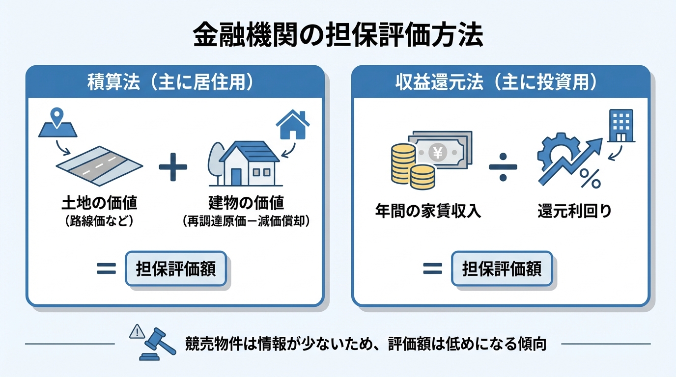 不動産担保評価の2つの主要な方法「積算法」と「収益還元法」を解説する図解。それぞれの計算方法と主な対象物件が示されている。