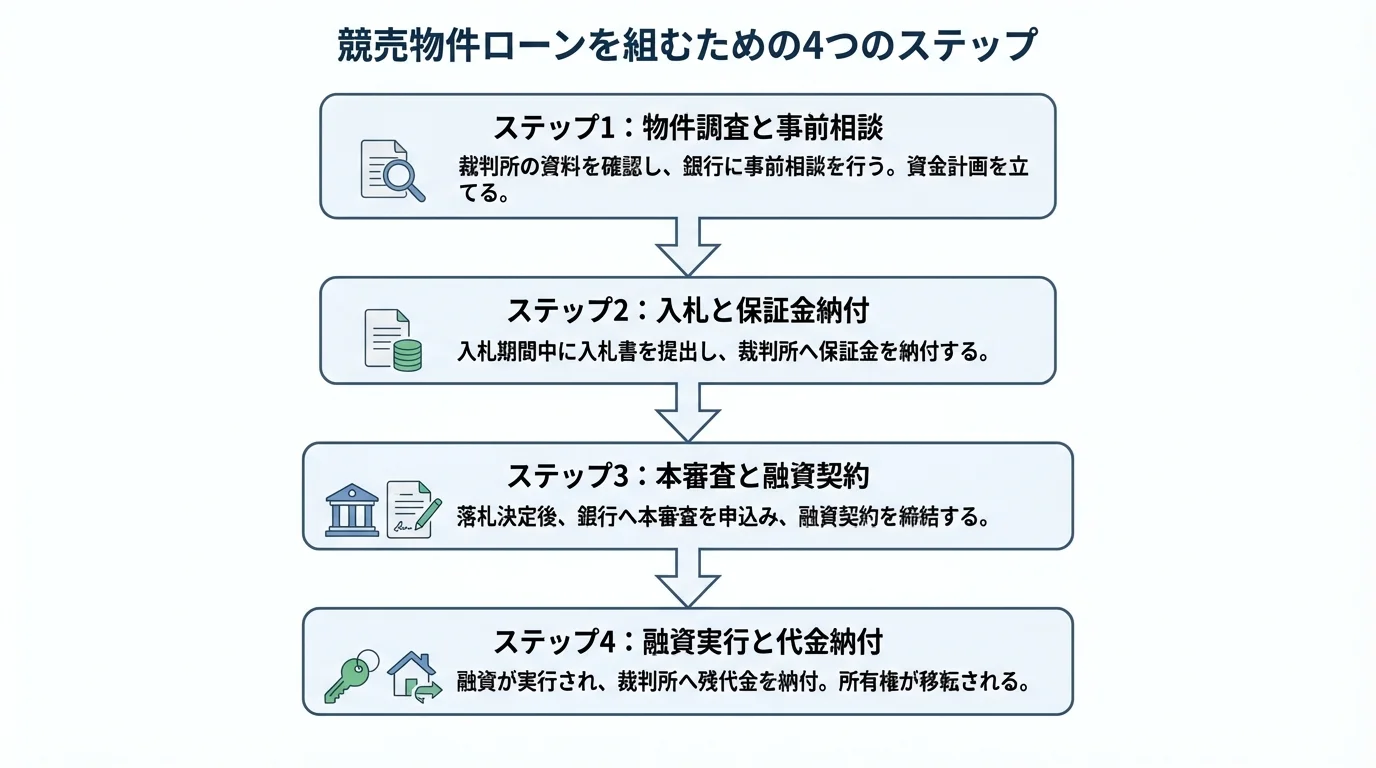 競売物件のローン手続きを4つのステップで示したフローチャート。物件調査から代金納付までの流れがアイコン付きで分かりやすく解説されている。