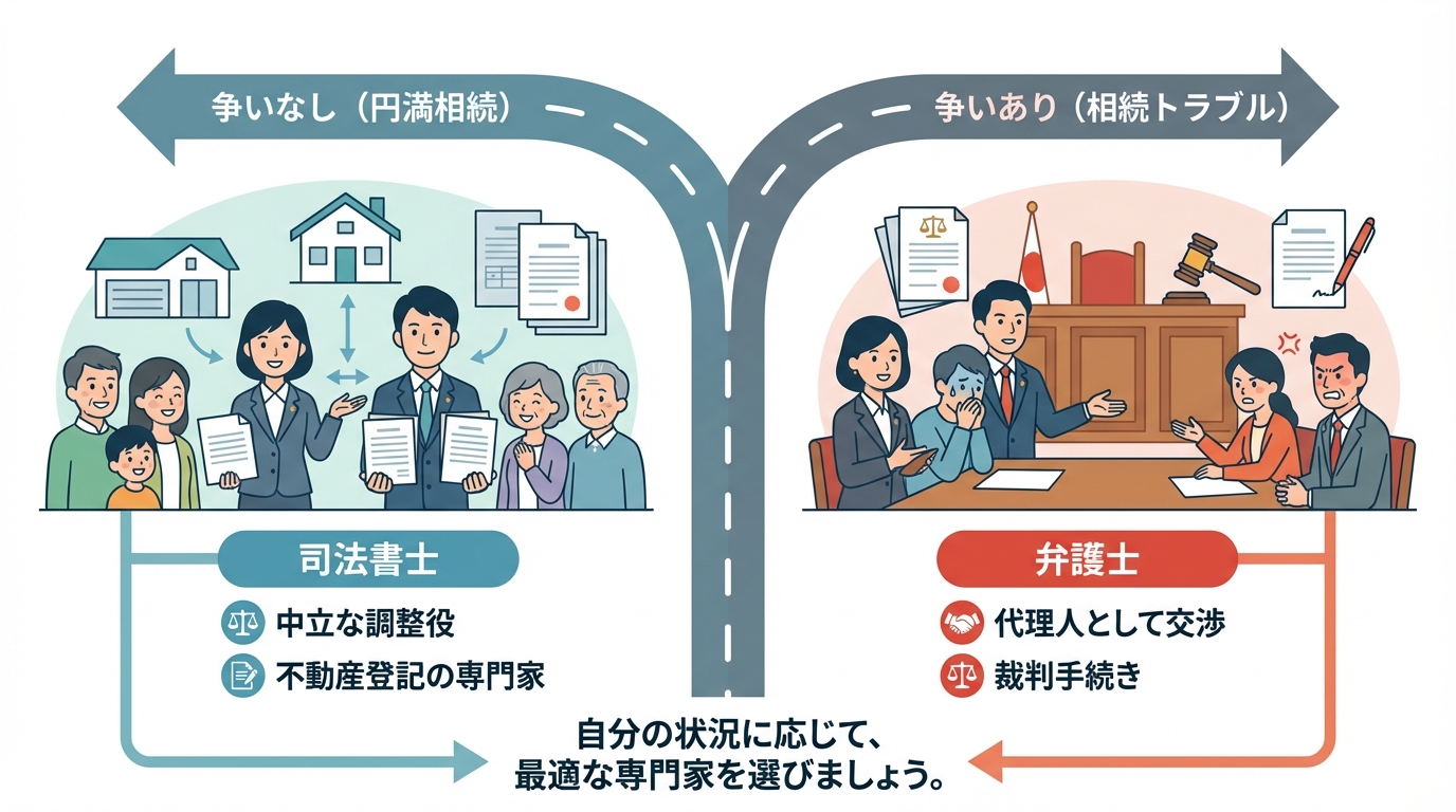 相続の相談先を選ぶ基準を示した図解。「争いなし」の場合は司法書士、「争いあり」の場合は弁護士、という明確な違いをイラストで比較。
