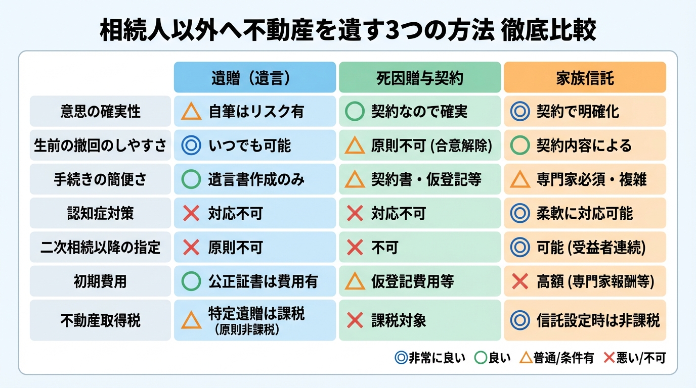 遺贈・死因贈与・家族信託の7つの観点からの比較表