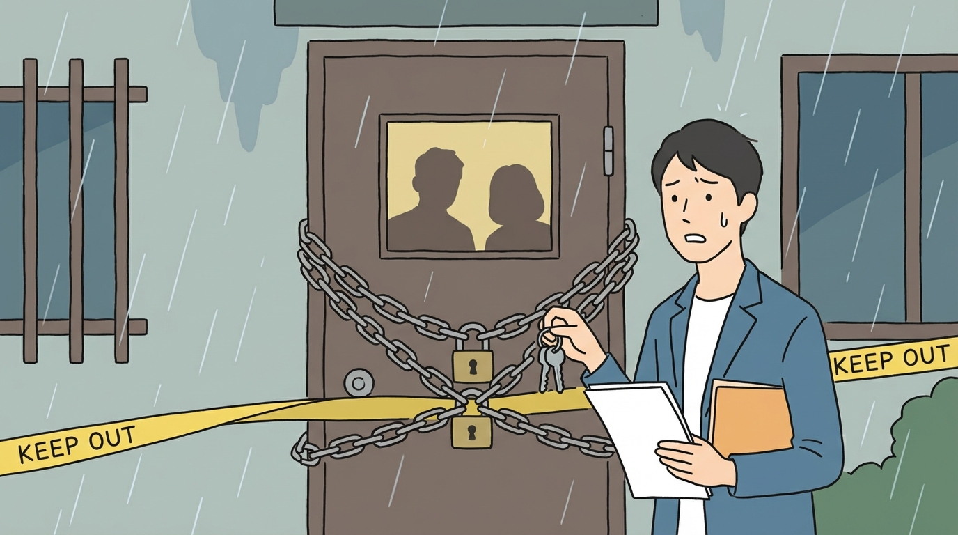 競売で落札した物件のドアの前で、立ち退き交渉に悩む新しいオーナーのイラスト。競売物件の占有者トラブルのリスクを表現している。