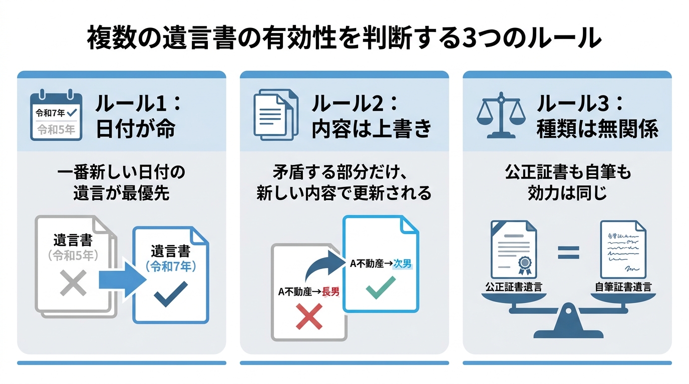 複数の遺言書の有効性を判断する3つの基本ルールを示した図解。ルール1は日付が新しいものが優先、ルール2は内容が矛盾する部分は上書き、ルール3は遺言書の種類で効力は変わらないことを示している。