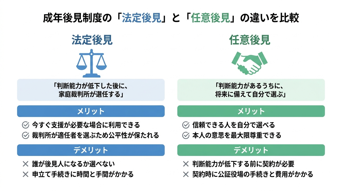 成年後見制度の「法定後見」と「任意後見」の違いを比較した図解。法定後見は判断能力低下後に裁判所が選任し、任意後見は元気なうちに自分で選んで契約する制度であることが示されている。