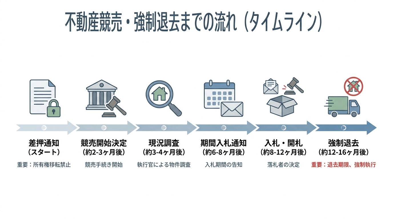 不動産の差押えから競売、強制退去までのタイムラインを図解したインフォグラフィック。各ステップにかかる期間の目安が示されている。