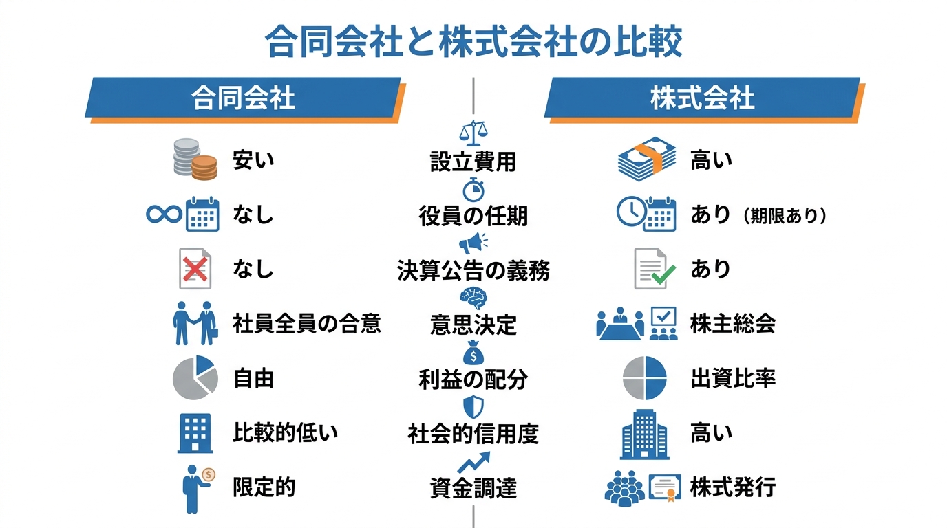 合同会社と株式会社のメリット・デメリットを比較する図解。設立費用、役員の任期、決算公告の義務、意思決定、利益配分、社会的信用度、資金調達の7項目で両者の違いを分かりやすく解説しています。