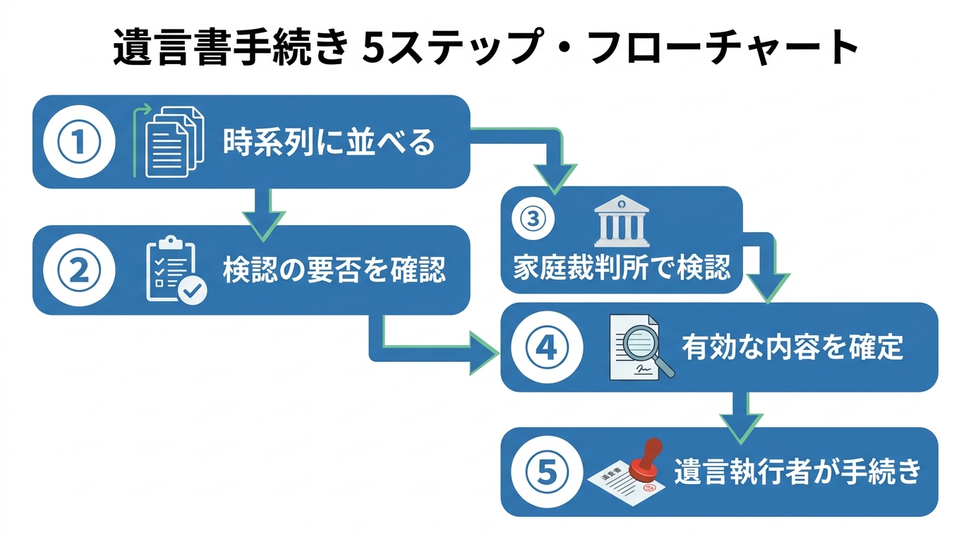 遺言書発見から手続き完了までの5ステップを示したフローチャート。時系列に並べる、検認の要否確認、家庭裁判所で検認、有効な内容を確定、遺言執行者が手続き、という流れを図示している。