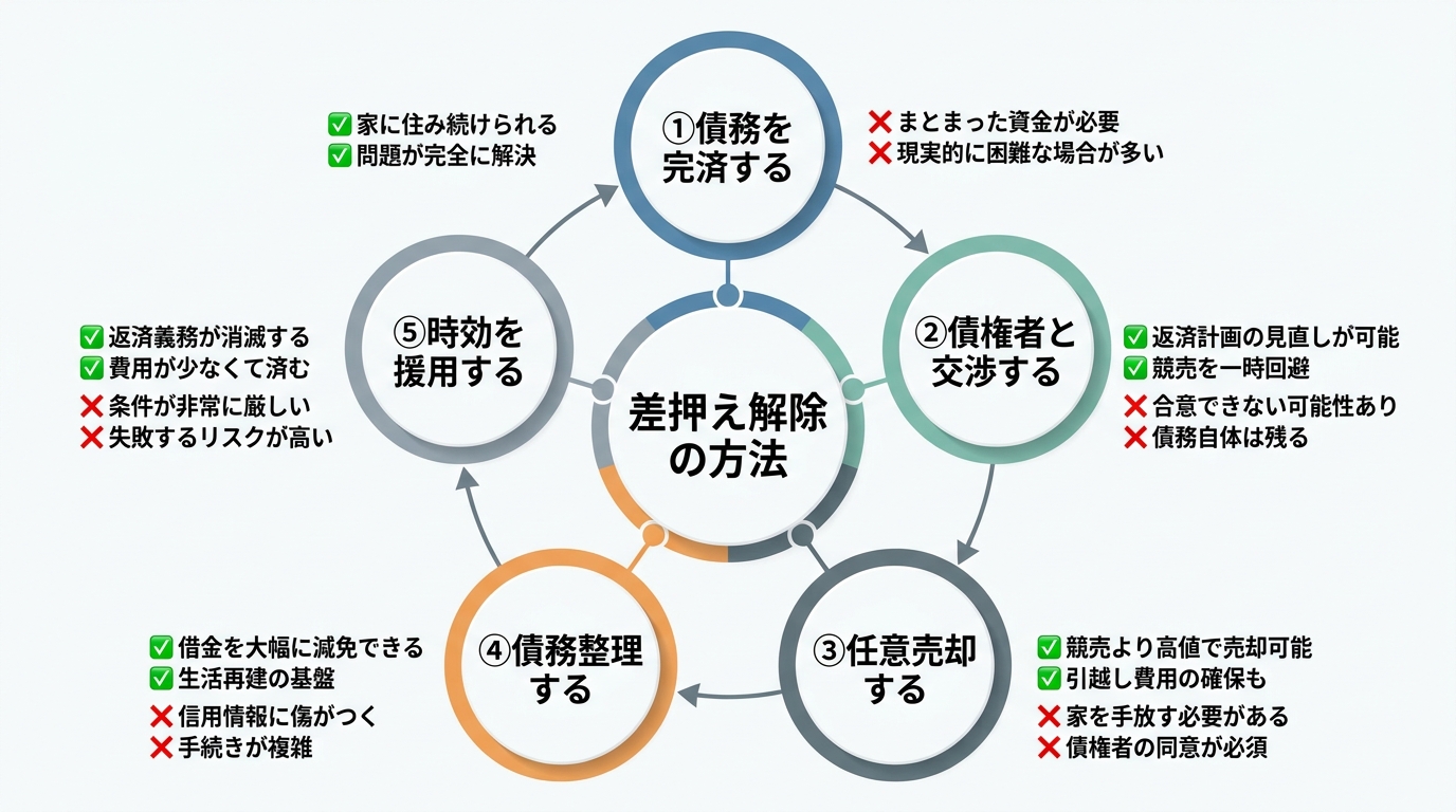 不動産の差押えを解除するための5つの方法（完済、交渉、任意売却、債務整理、時効の援用）のメリットとデメリットを比較した図解。
