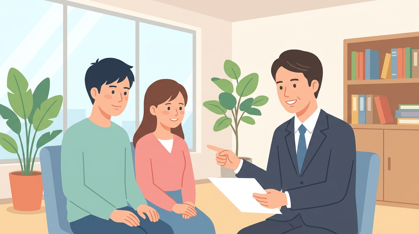 司法書士に合同会社設立の相談をしている男女のイラスト。専門家のアドバイスを受け、不安が解消され安心した表情を浮かべています。