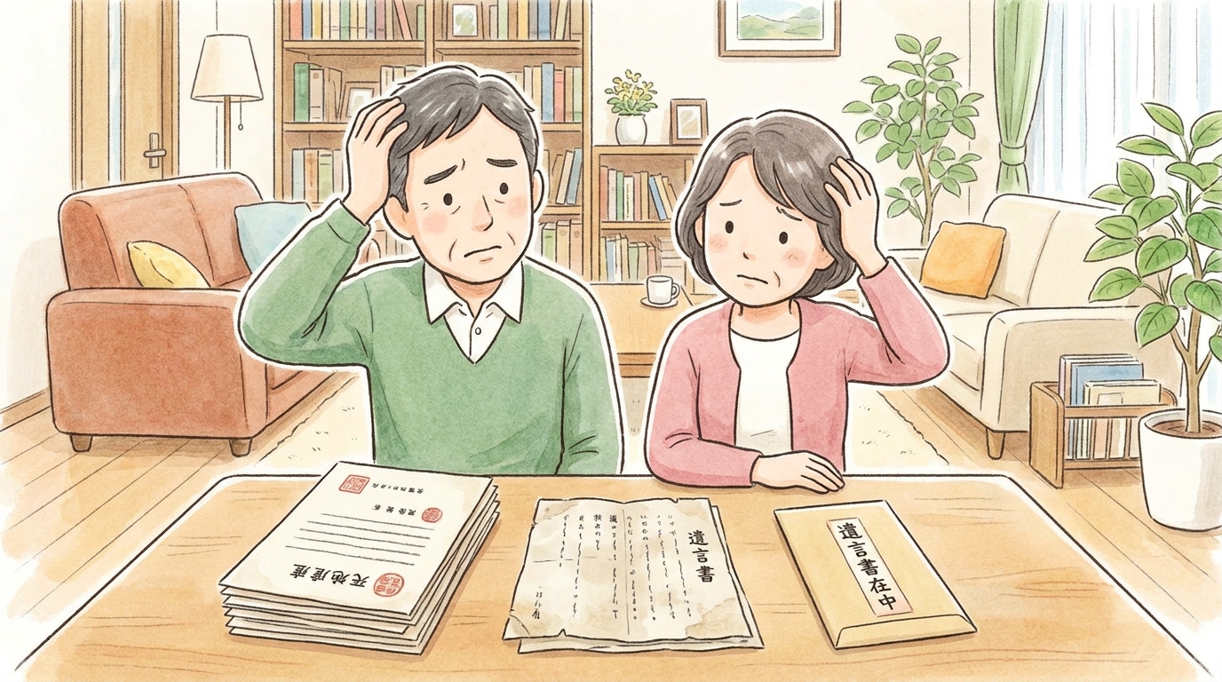 古い遺言書で不動産登記を済ませた後、新しい遺言書が見つかってしまい、頭を抱える相続人の夫婦。