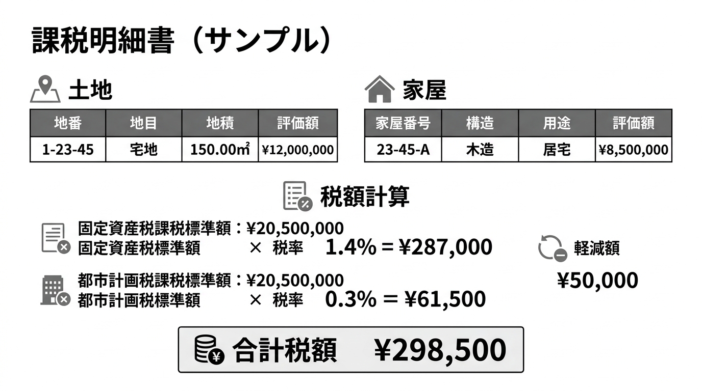 固定資産税の課税明細書のサンプル画像。土地と家屋の所在地、地番、評価額などが記載されている例。