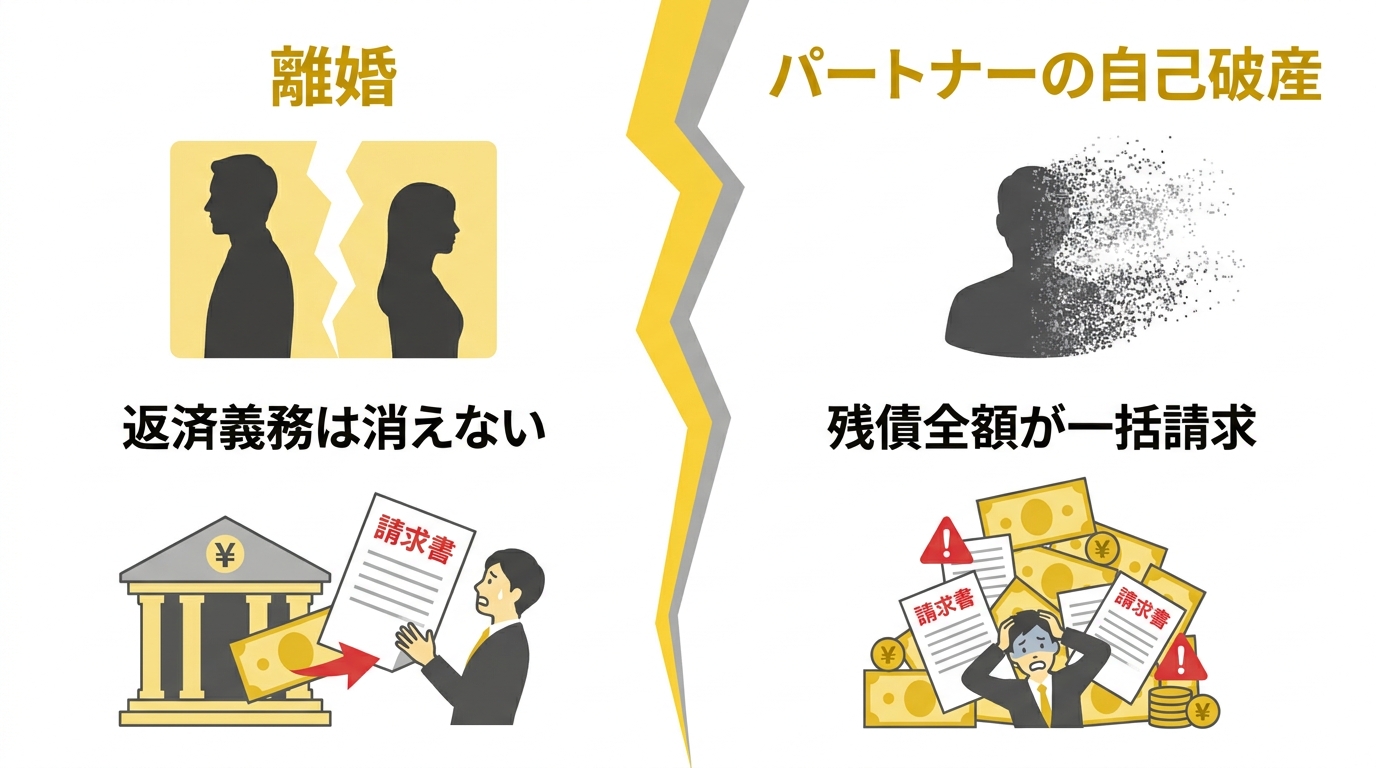 連帯債務の2大リスクである「離婚」と「パートナーの自己破産」で何が起こるかを図解したインフォグラフィック。離婚しても返済義務は消えず、自己破産すると残債が一括請求される危険性を示している。