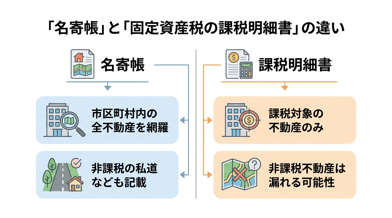 名寄帳と固定資産税の課税明細書の違いを比較する図解。名寄帳は非課税不動産も含む網羅性が特徴であることを示している。