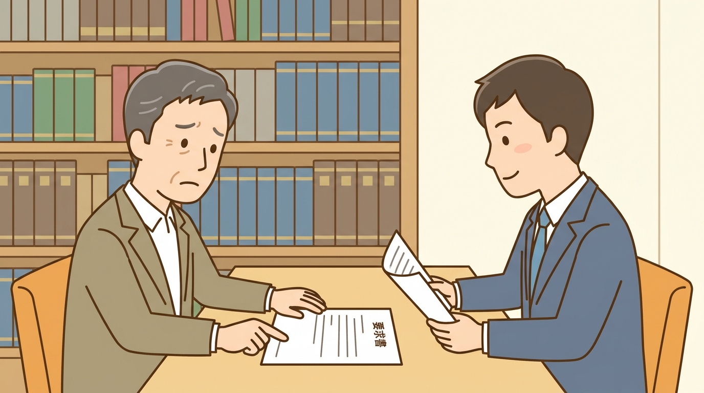 3ヶ月経過後の相続放棄について、督促状を持って司法書士に相談する男性のイラスト。専門家が親身に話を聞いている様子。