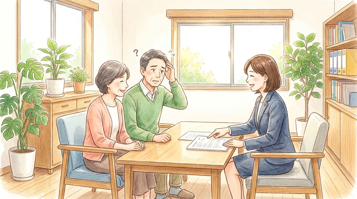 司法書士に相続不動産の調査について相談し、安心している夫婦のイラスト。