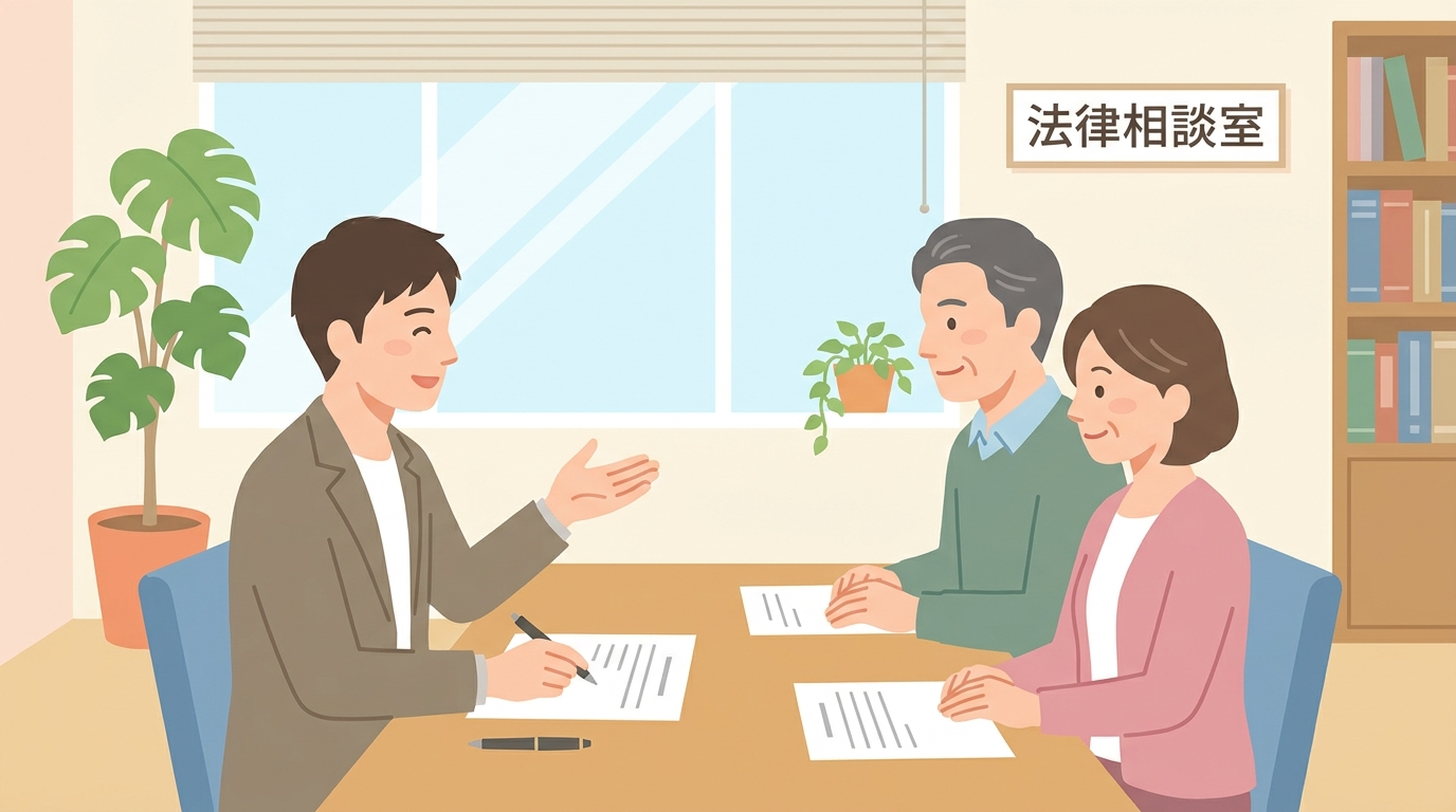 司法書士が相談者の夫婦に親身に相続手続きの説明をしているイラスト。専門家が直接対応することによる安心感を表現している。
